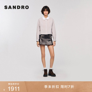 仿珠饰娃娃领落肩袖 季 末7折SANDRO2025秋冬女装 法式 棉质格纹衬衫
