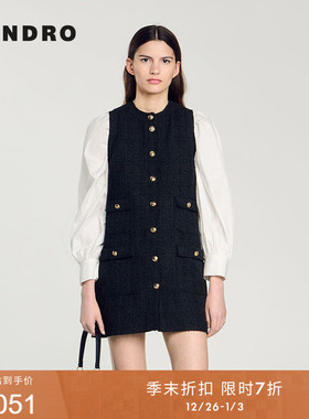 季末7折SANDRO秋冬女装法式黑色多口袋亮色扣无袖短款花呢连衣裙