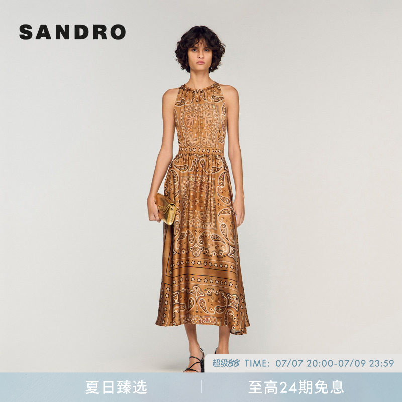 SANDRO2026夏季新款女装法式复古佩斯利印花长款A字无袖连衣裙