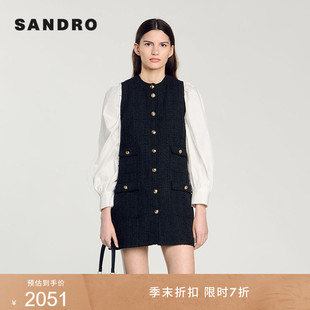 黑色多口袋亮色扣无袖 季 末7折SANDRO秋冬女装 法式 花呢连衣裙 短款