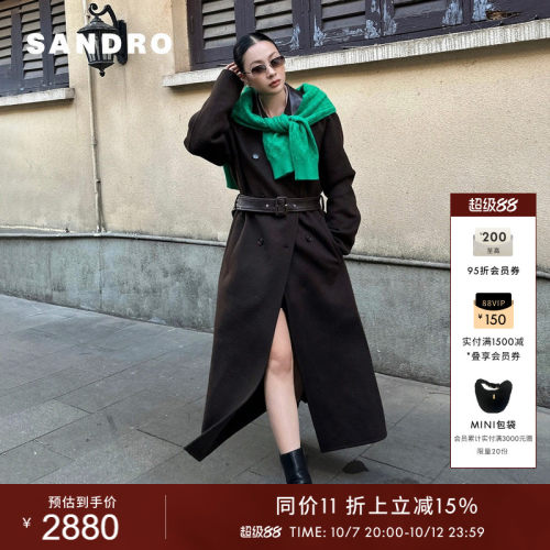SANDRO女装法式皮带绵羊毛大衣