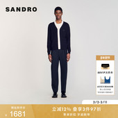 SANDRO2025秋冬男装 简约字母刺绣拼接撞色宽松V领绵羊毛针织开衫
