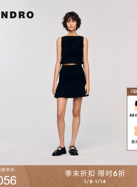 季末6折SANDRO2025秋冬新款女装黑色绒面花边下摆毛边针织背心