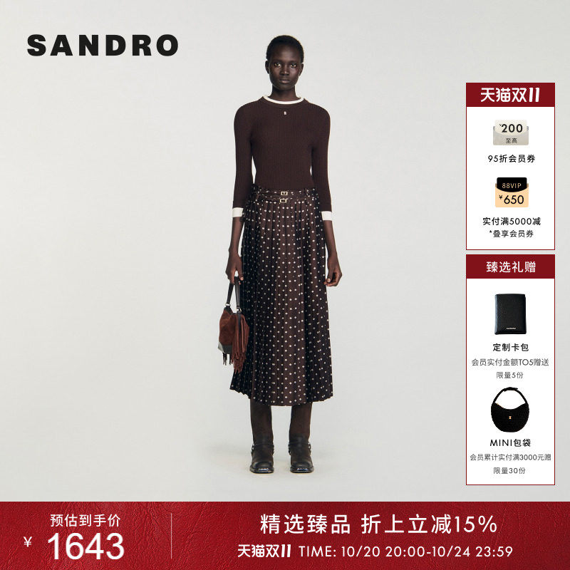 线上专享SANDRO女装法式时尚简约波点印花双条腰间系带百褶长裙