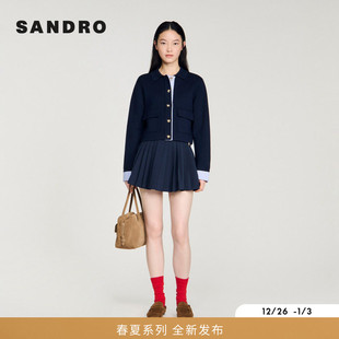 法式 时尚 翻领拼接条纹衬衫 SANDRO2026春季 口针织开衫 女装 袖 新款