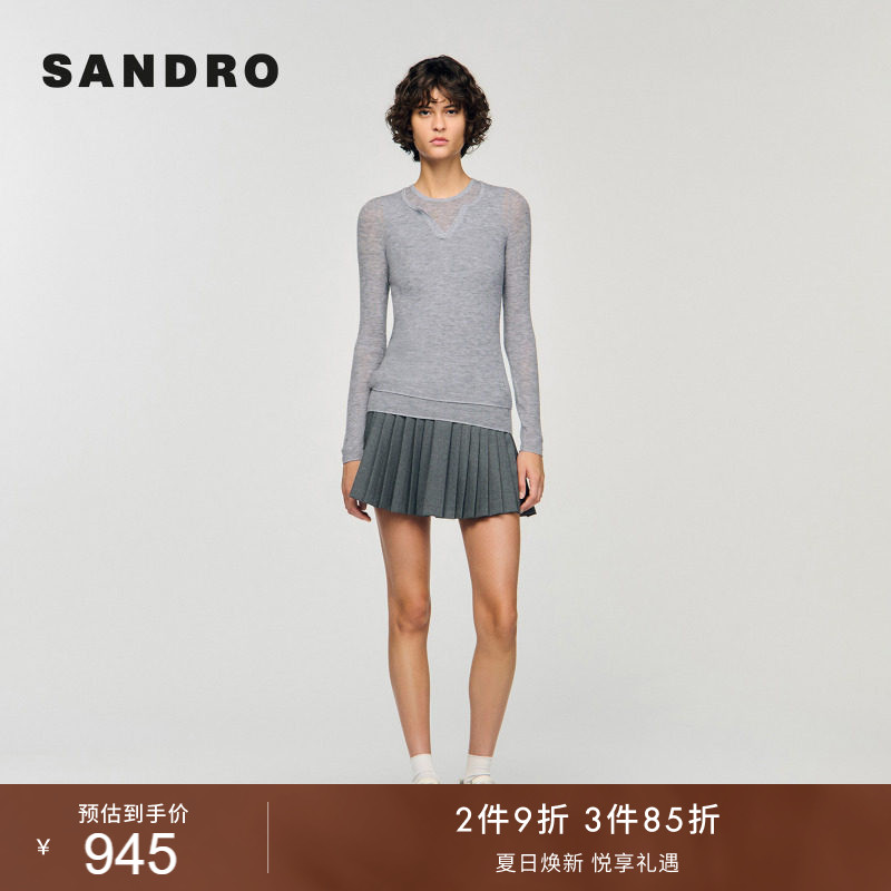SANDRO女装法式时尚休闲绵羊毛灰色假两件圆领套头修身套头针织衫