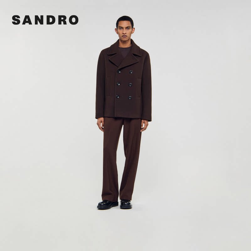 SANDRO男装法式时尚休闲复古宽翻领对称嵌口袋双排扣短款毛呢外套