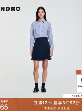 SANDRO秋冬女装法式气质时尚深蓝色复古简约短款百褶A字半身裙