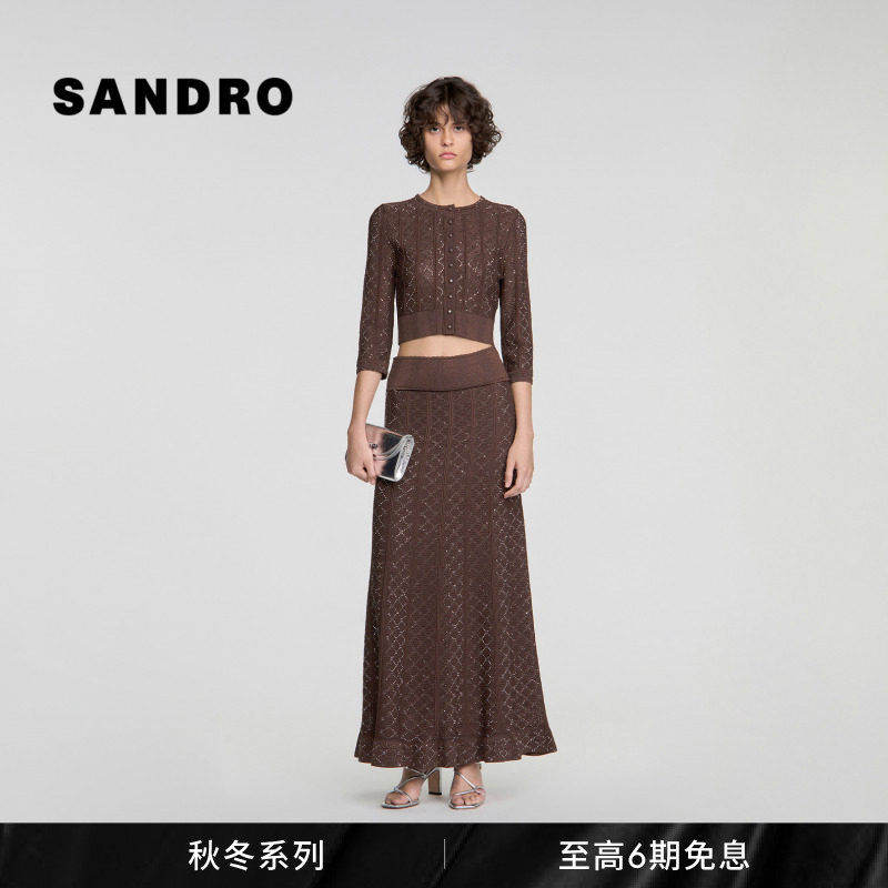 SANDRO2026秋季新款女装法式浪漫时尚气质麻花纹圆领长袖针织上衣