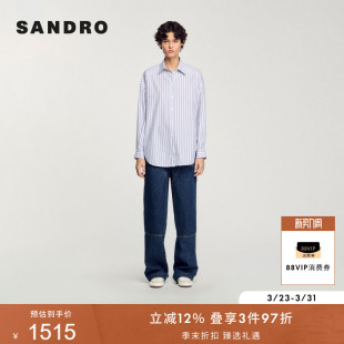 衬衫 休闲仿钻撞色条纹白色翻领宽松长袖 法式 SANDRO2025秋冬女装