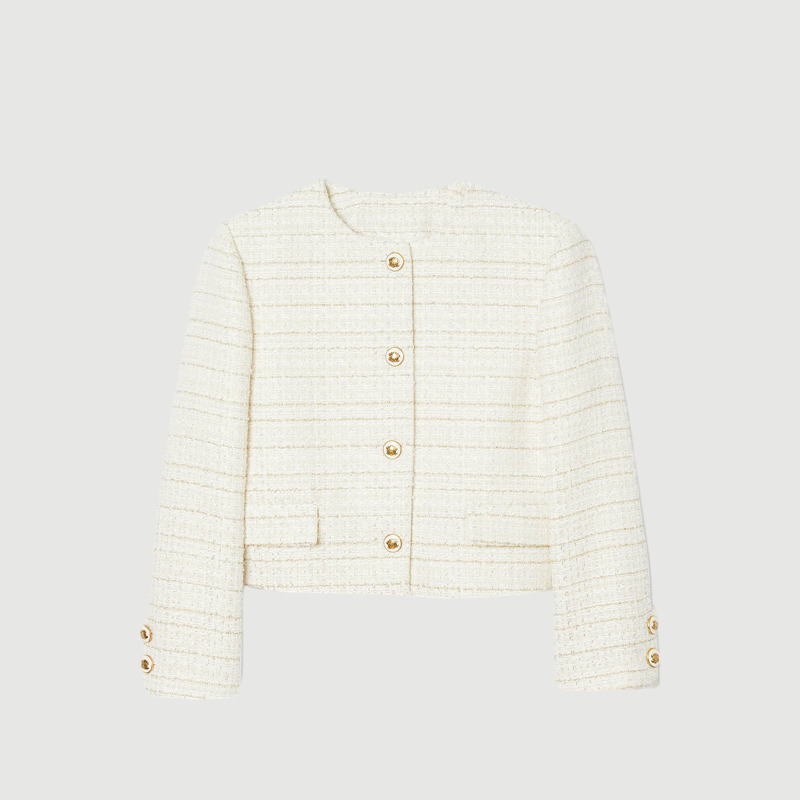 花呢短款夹克 装饰性纽扣开合 直筒合体版型
