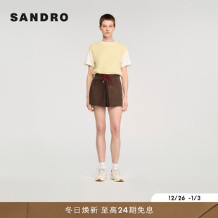 短裤 SANDRO博主同款 休闲腰部撞色系带压褶裙裤 女装 2025秋冬新款