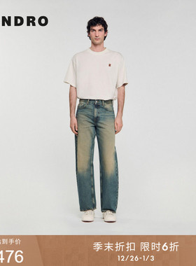 季末6折SANDRO2025秋冬新款男装简约时尚蓝色做旧撞色直筒牛仔裤