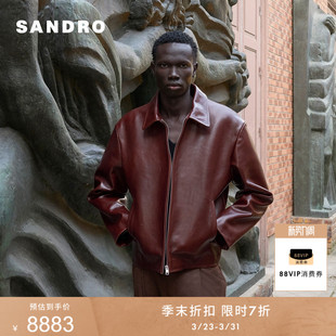 牛皮革纯色简约短款 季 法式 男装 皮衣外套 末7折SANDRO2025秋冬新款