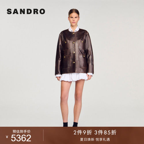 SANDRO女装法式圆领羊皮革外套
