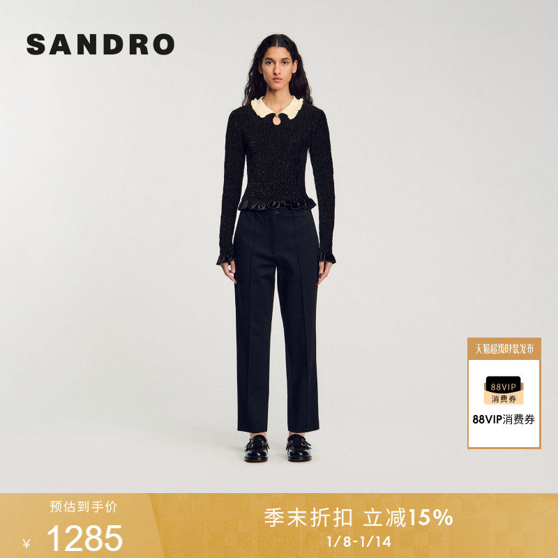 SANDRO秋冬女装法式气质时尚黑色木耳边黑白花边镂空短款针织上衣