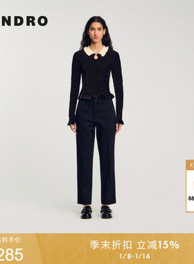 SANDRO秋冬女装法式气质时尚黑色木耳边黑白花边镂空短款针织上衣