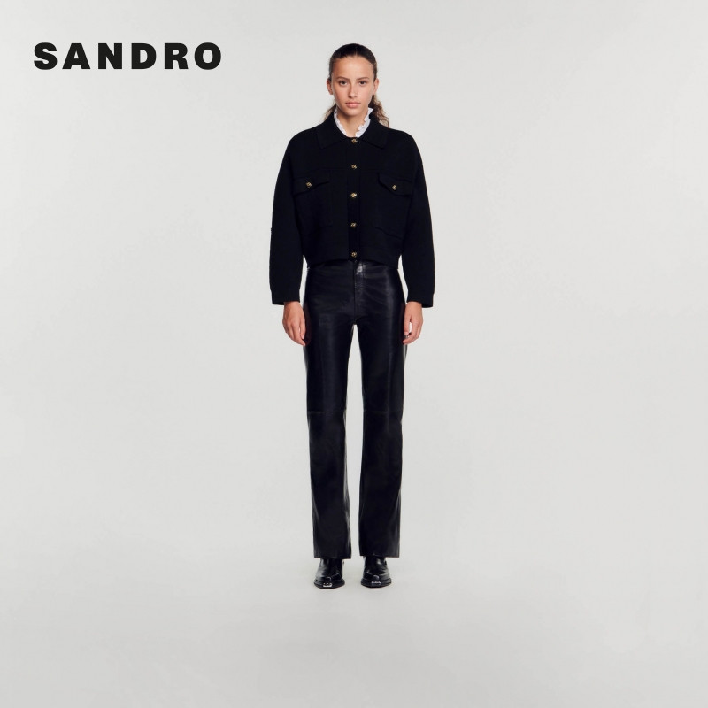 SANDRO女装法式时尚简约休闲黑色菱形宽松翻领短款针织开衫上衣