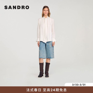 衬衫 SANDRO博主同款 简约桑蚕丝系带领宽松白短款 法式 2025秋冬女装