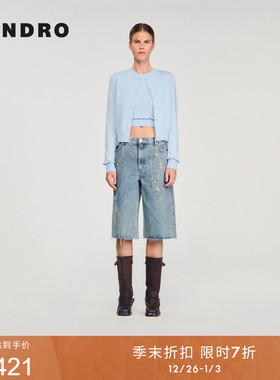 季末7折SANDRO2025秋冬新款女装气质天蓝色木耳边袖口针织开衫