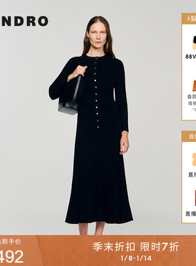 季末7折SANDRO2025秋冬新款女装迪木尔风黑色单排扣针织连衣裙