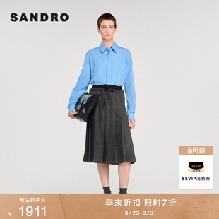 仿钻格纹高腰系带长款 法式 百褶半裙 末7折SANDRO2025秋冬女装 季
