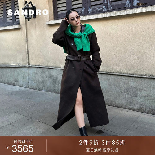 SANDRO女装法式皮带绵羊毛大衣
