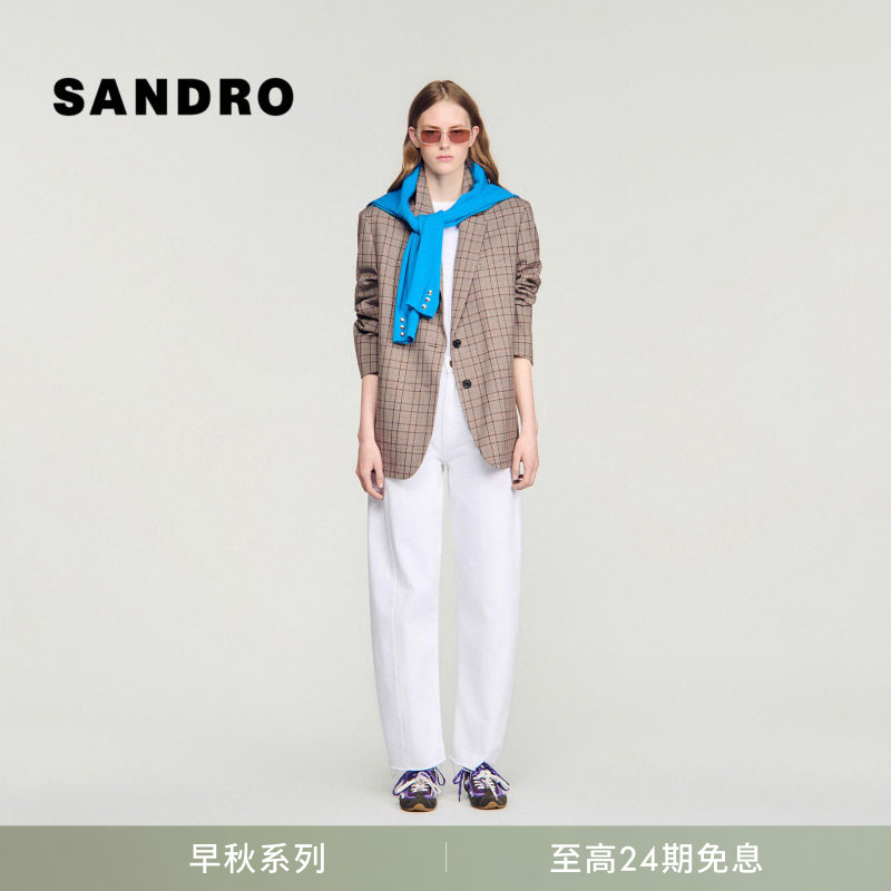 分期免息SANDRO2026早秋新款女装法式气质格纹单排两粒扣西装外套