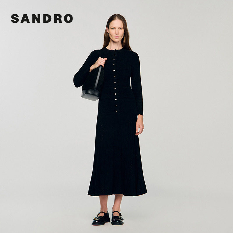 线上专享SANDRO女装法式迪木尔风伯克利高知裙黑色长款针织连衣裙