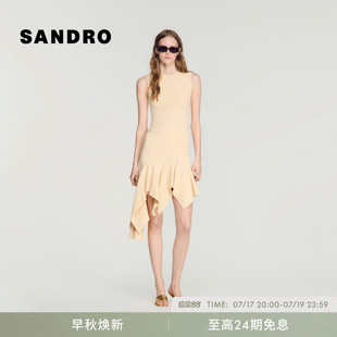 SANDRO2026早秋新款女装法式气质无袖圆领不规则荷叶边针织连衣裙