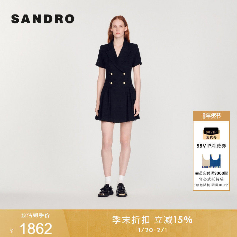 SANDRO秋冬女装法式气质时尚学院风黑色收腰双排扣短款花呢连衣裙,女装/女士精品,连衣裙,淘宝优惠券,粉丝福利购,淘宝优惠卷