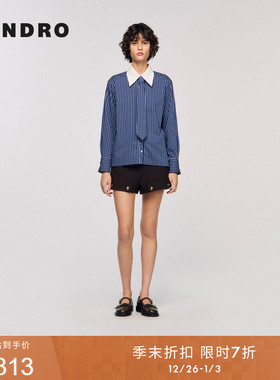季末7折SANDRO2025秋冬新款女装棉混纺格纹可拆卸领带翻领衬衫