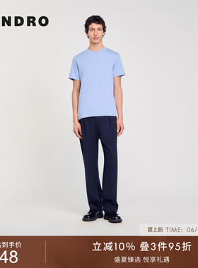 SANDRO夏季男装法式简约休闲棉质蓝色字母刺绣圆领短款针织T恤衫