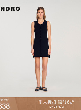 季末6折SANDRO2025秋冬新款女装法式黑色无袖收腰扣饰针织连衣裙