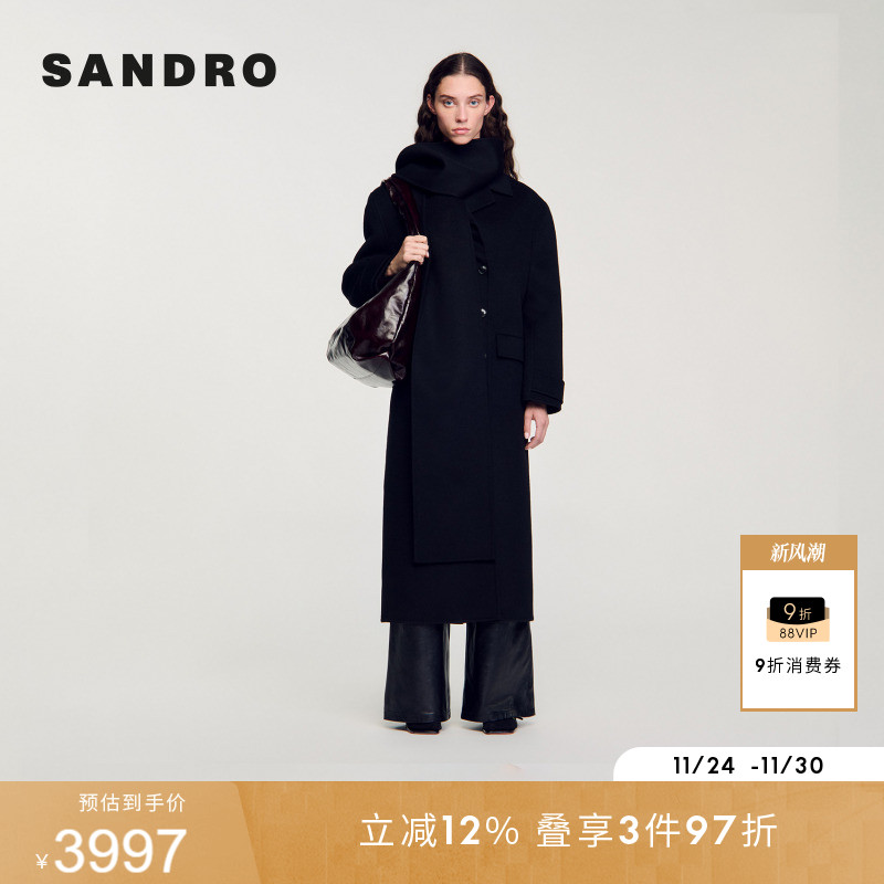 SANDRO女装双排扣黑色毛呢大衣