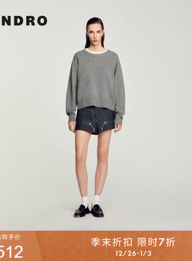 季末7折SANDRO秋冬女装灰色假两件拼接圆领长袖针织衫上衣内搭