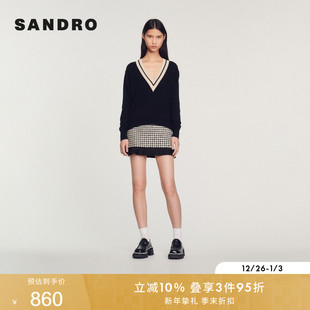 长袖 气质复古学院风黑色撞色V领短款 针织毛衣 法式 SANDRO春夏女装