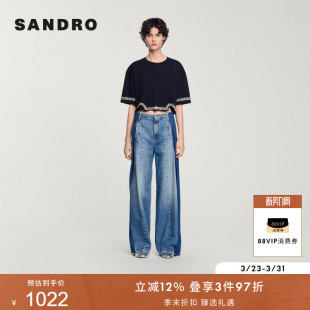 树叶仿钻下摆黑色棉质短款 SANDRO春夏女装 款 气质经典 T恤上衣 法式