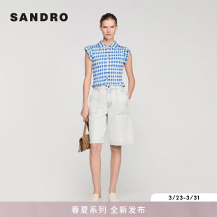法式 女装 时尚 蓝白格纹小飞袖 收腰马甲背心 SANDRO2026春季 短款 新款