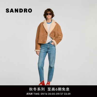 SANDRO毛翻领双排扣毛革外套