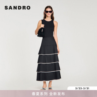 法式 女装 棉质黑色波浪形蕾丝镶边多层蛋糕裙 新款 SANDRO2026春季