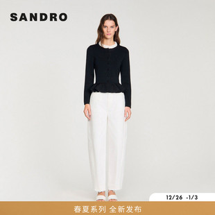 法式 女装 时尚 木耳边拼接领黑色短款 SANDRO2026春季 针织开衫 新款
