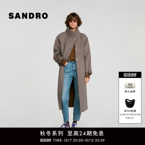 SANDRO高领单排扣格纹长款外套