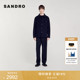 时尚 SANDRO秋冬男装 法式 休闲绵羊毛深蓝色翻领品牌标识毛呢外套