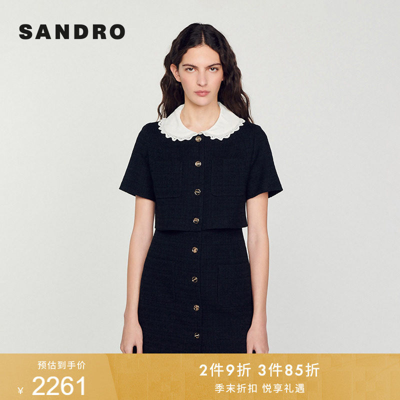 线上限定SANDRO秋冬女装法式甜美黑色镂空花边领假两件花呢连衣裙