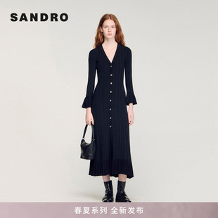 SANDRO2026春夏新款 法式 优雅黑色喇叭袖 蕾丝收边针织连衣裙 女装