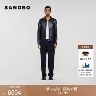季末6折SANDRO2025秋冬新款男装百搭羊皮革黑色质感拉链皮革外套
