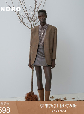 季末6折SANDRO2025秋冬新款女装法式复古V型领撞色格纹西装外套