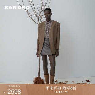 复古V型领撞色格纹西装 季 法式 女装 外套 末6折SANDRO2025秋冬新款