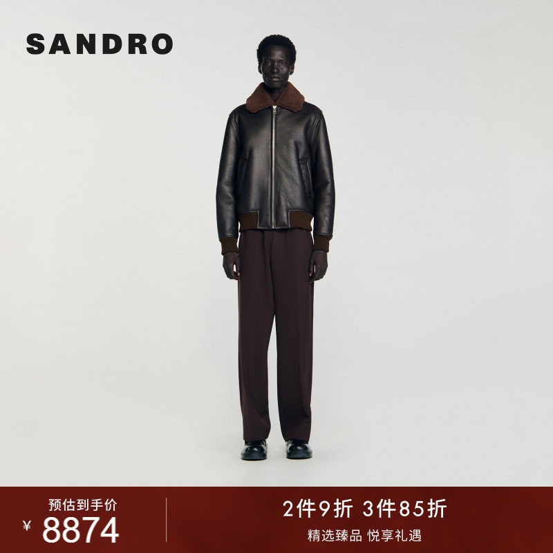 SANDRO男装法式休闲羊毛革松紧收腰毛翻领拉链飞行皮质夹克外套